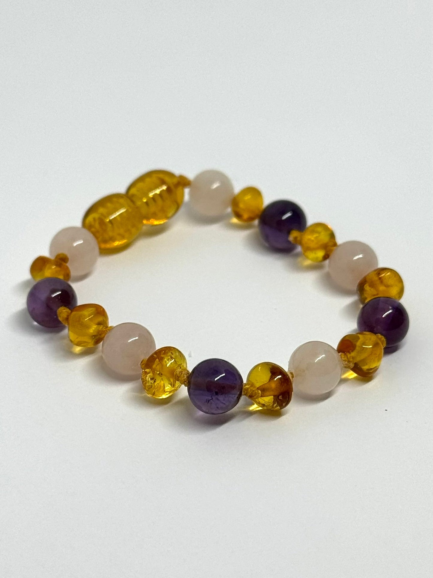 Barnsteen & Natuursteen Armbandje - Honing , Rozenkwarts & Amethist (14 cm)