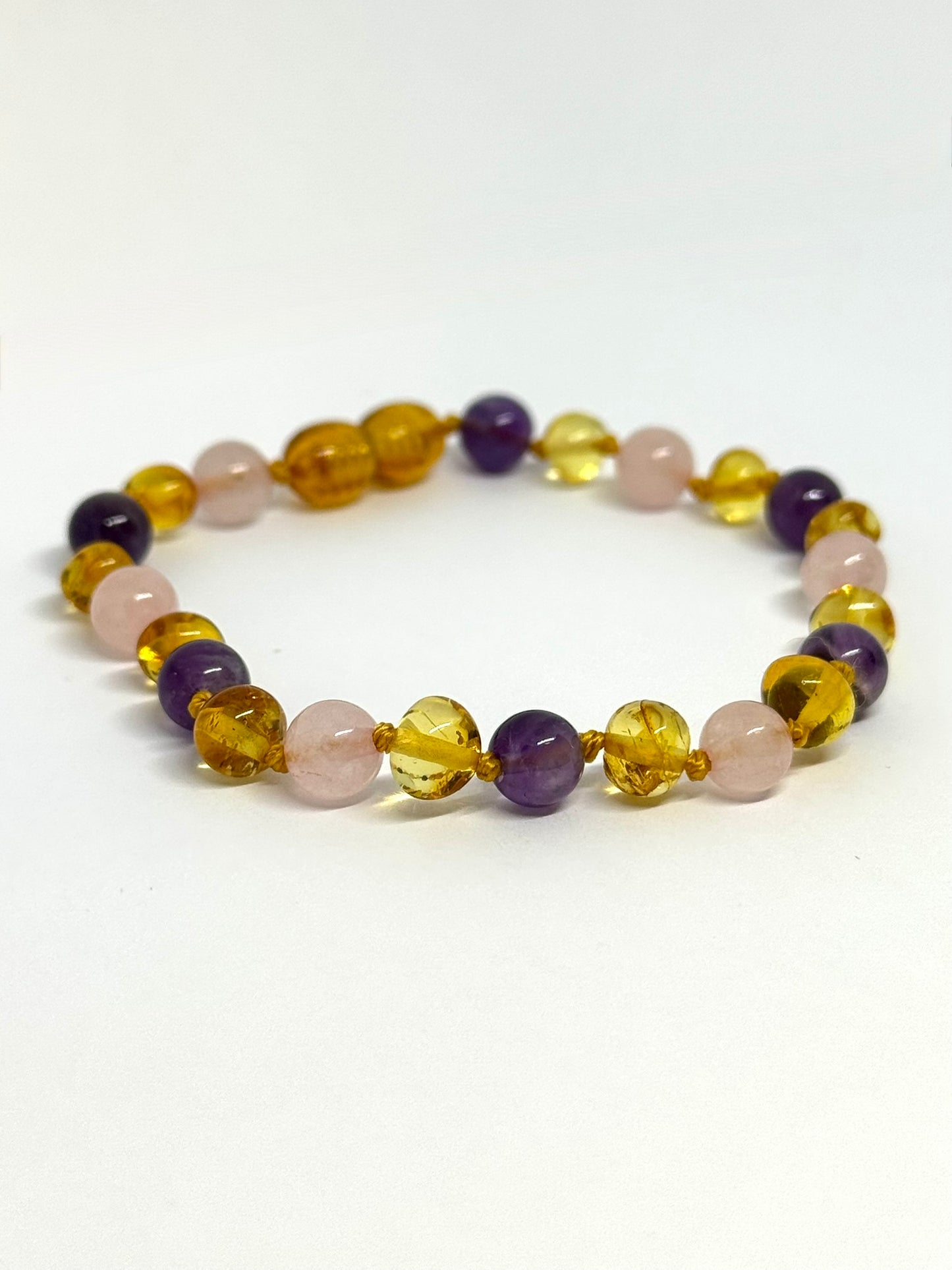 Kehribar ve Doğal Taş Bileklik - Bal, Gül Kuvars ve Ametist (17-21 cm)
