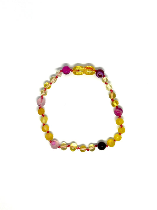 Kehribar ve Doğal Taş Bileklik - Limon ve Pembe Akik (17-20 cm)