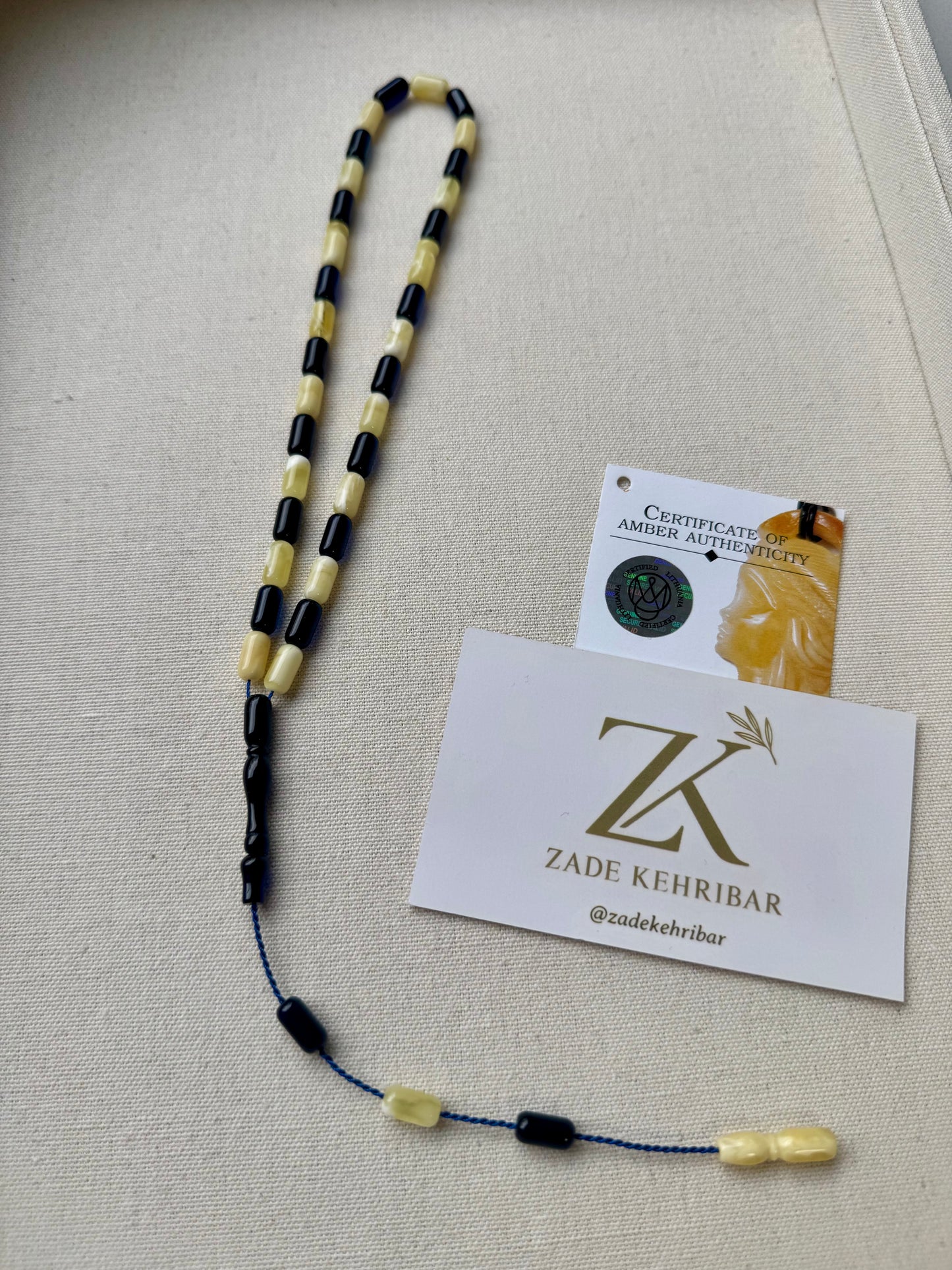 11x5mm - Sistemli Kaliningrad Damla Kehribar Tesbih - Karayip Mavi Kombin