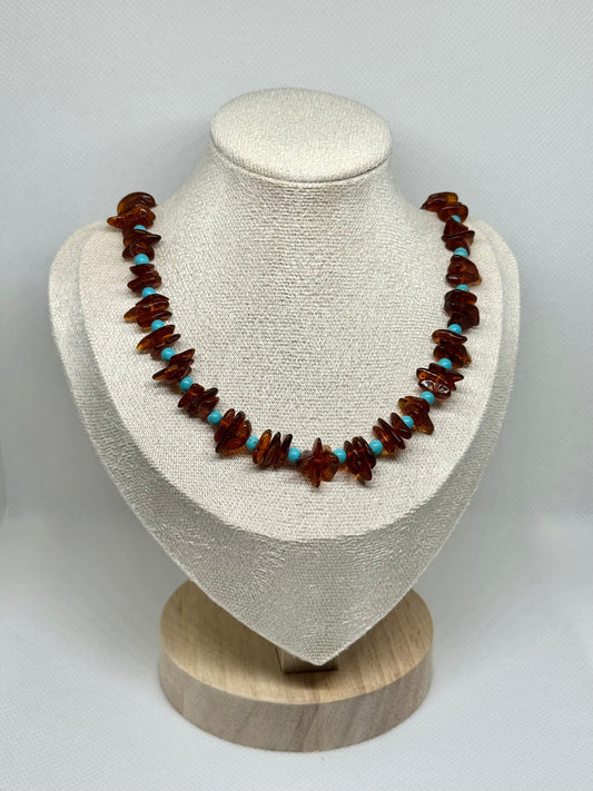 Kehribar ve Doğal Taş Kolye - Konyak ve Turkuaz (46 cm)