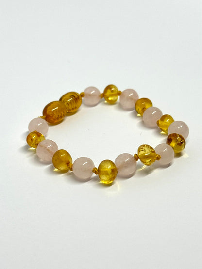 Kehribar ve Doğal Taş Bileklik - Bal ve Gül Kuvars (13 cm)