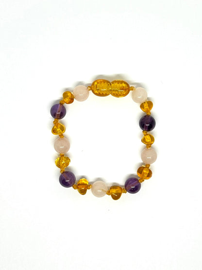 Kehribar ve Doğal Taş Bileklik - Bal, Gül Kuvars ve Ametist (14 cm)