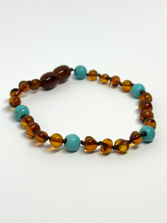 Kehribar ve Doğal Taş Bileklik - Konyak ve Turkuaz (19 cm)