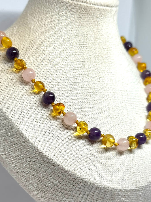 Kehribar ve Doğal Taş Kolye - Bal &amp; Gül Kuvars &amp; Ametist (45 cm)