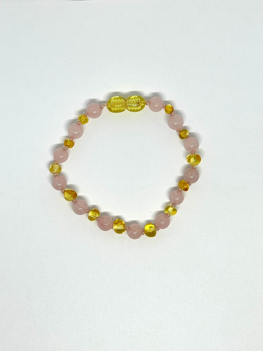 Kehribar ve Doğal Taş Bileklik - Bal ve Gül Kuvars (18-20 cm)
