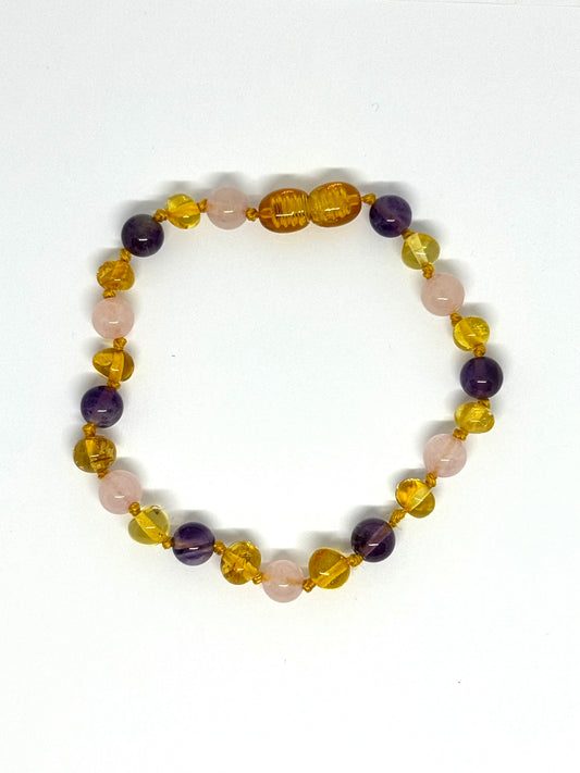Kehribar ve Doğal Taş Bileklik - Bal, Gül Kuvars ve Ametist (17-21 cm)