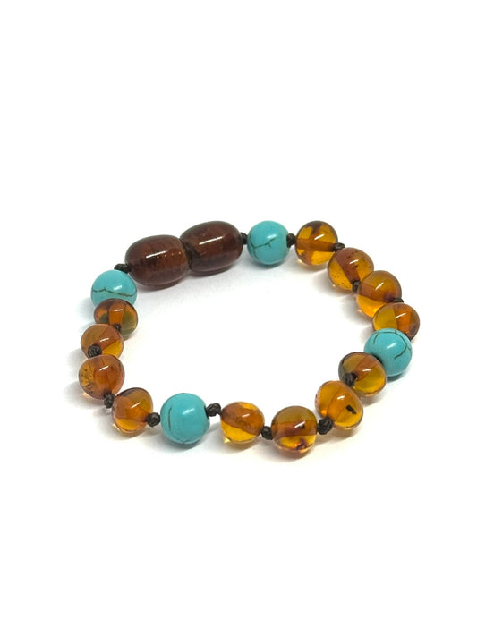 Kehribar ve Doğal Taş Bileklik - Konyak ve Turkuaz (12 cm)