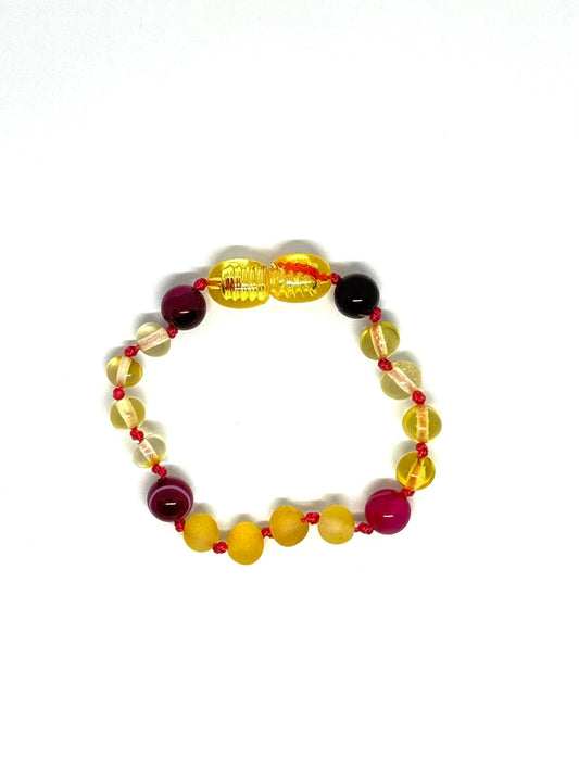 Kehribar ve Doğal Taş Bileklik - Limon ve Pembe Akik (13 cm)