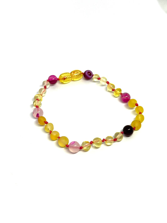 Kehribar ve Doğal Taş Bileklik - Limon ve Pembe Akik (17-20 cm)